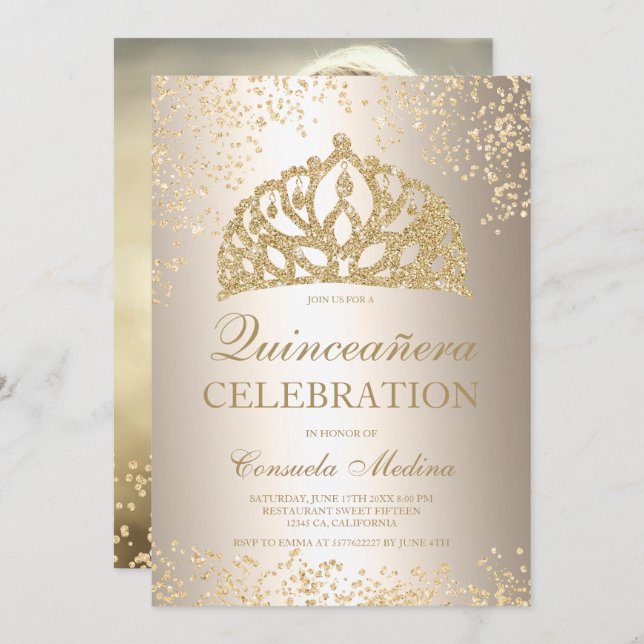 Convites fotografia metálica com brilho dourado tiara Quinc (Frente/Verso)