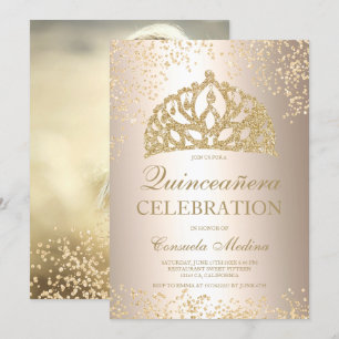 Convites fotografia metálica com brilho dourado tiara Quinc
