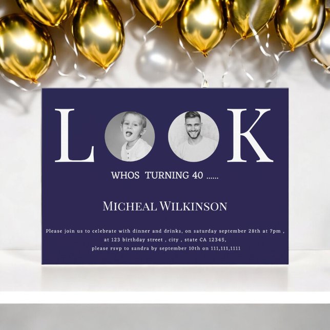 Convites fotografia moderna cujo aniversário azul de 40 mar (40th birthday,40th birthday party,adult,photo,funny,elegant 40th birthday,simple 40th )