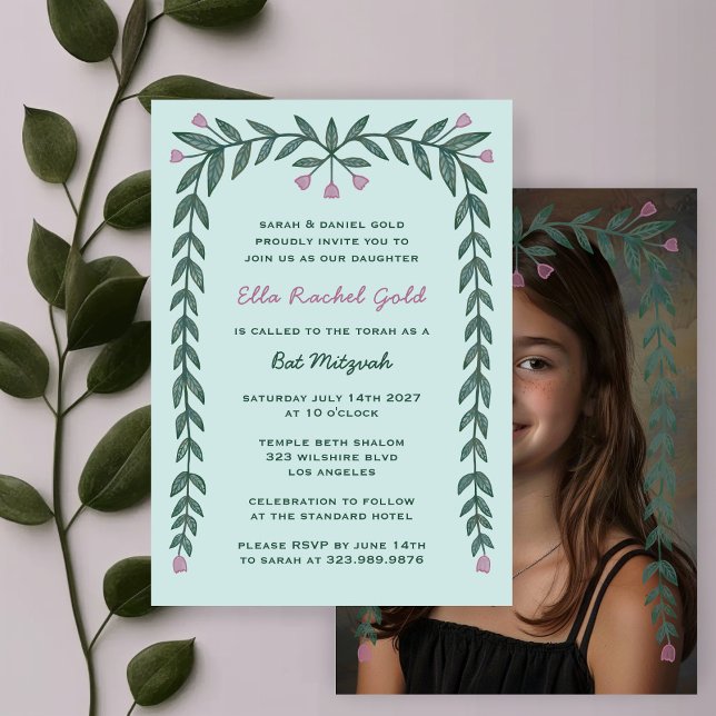 Convites Fotografia Personalizada com Quadro Floral Bat Mit (Floral Frame Custom Photo Bat Mitzvah Girl Invitation
)