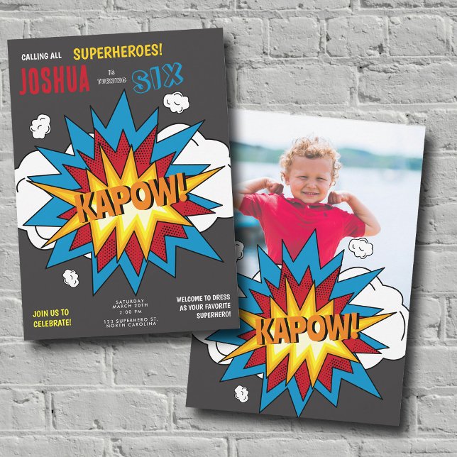 Convites Fotografia personalizada: Pop de arte KAPOW KAPOW (Custom Photo Comic Book KAPOW Pop Art Birthday Invitation)