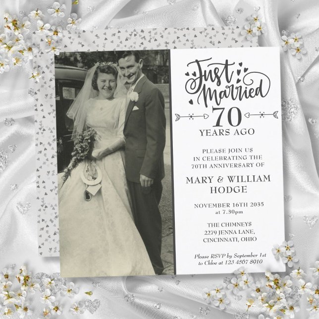 Convites Fotografia Quadrada de Casamento no 70º Aniversári (70th Anniversary Just Married Wedding Photo Square Invitation)
