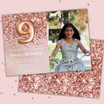 Convites Fotografia Rosa Dourada Kids Girl 9ª Festa de aniv<br><div class="desc">Foto rosa gold 9º convite de aniversário para uma garota de 9 anos com escrevendo elegante de roteiro e balões de folha de papel divertida.</div>