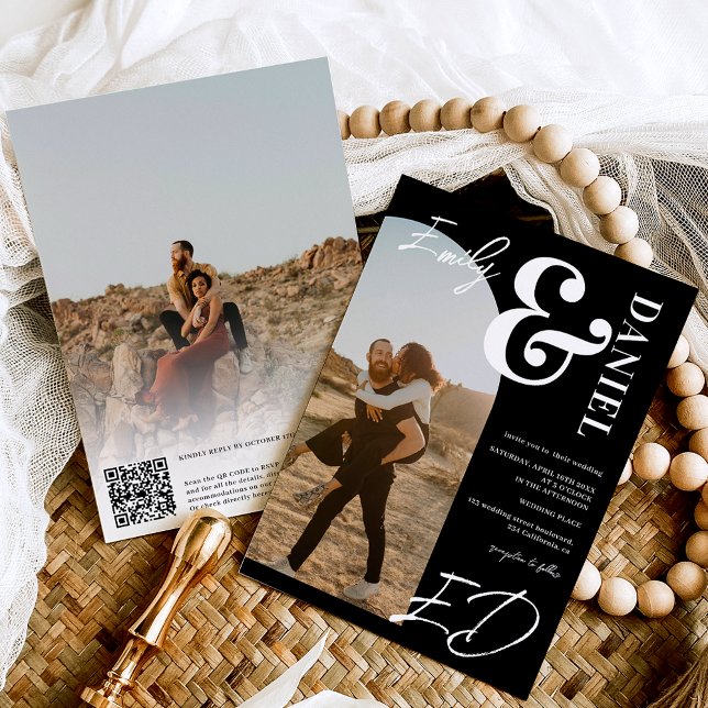 Convites Fotografias a negrito com nomes de script Arco Cas (Photos bold names script arch black wedding invitation)