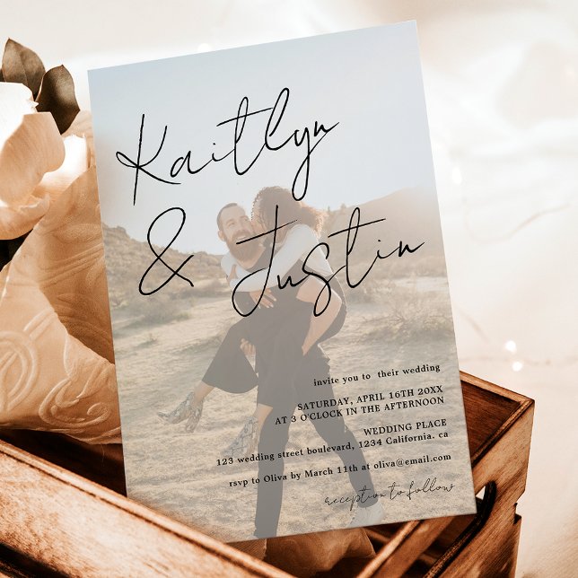 Convites Fotografias com script calliografia casamento bran (Photos name script calligraphy white black wedding invitation)