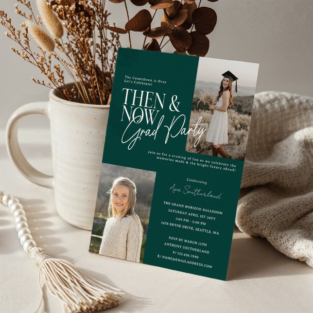 Convites Fotografias Mínimas Modernas e Agora Festas de for (Modern Minimal Then & Now Graduation Party Photos Green Invitation)