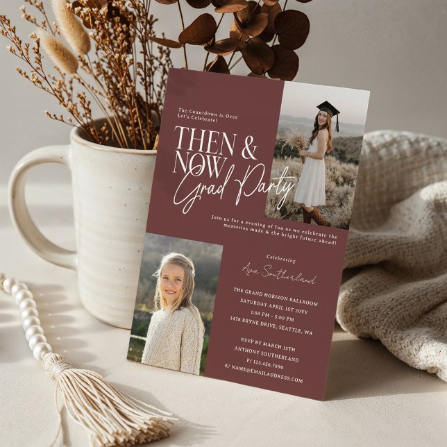 Convites Fotografias Mínimas Modernas e Agora Festas de for (Modern Minimal Then & Now Graduation Party Photos Burgundy Invitation)
