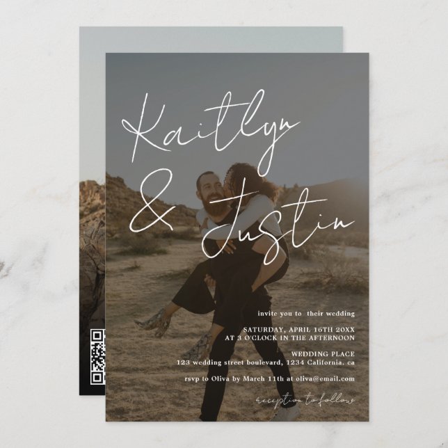 Convites Fotografias: script calliografia casamento negro (Frente/Verso)