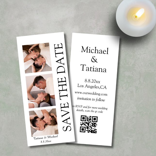 Convites fotográfico moderno 3 fotos qr código salvar data (Criador carregado)