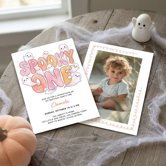 Convites Fotomilésimo Aniversário Pink Groovy Spooky One Fa (Photo 1st birthday party invitation with cute Spooky One theme by Darling & May)