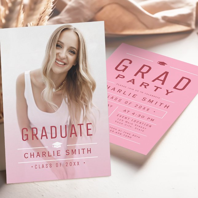 Convites Fotomontagem de Tipografia Simples Moderna para Fo (Pink Modern Simple Typography Photo Graduation Invitation)