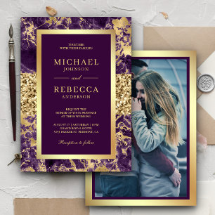 Convites Fotos Casamento com Brilho Dourado Mármore Roxo