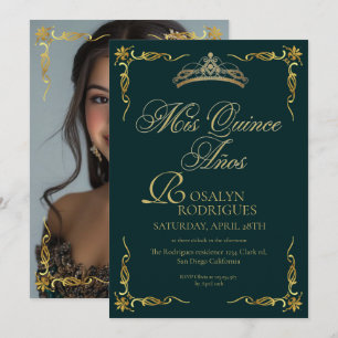 Convites Fotos da Princesa de Quinze Anos com Ouro Verde Es