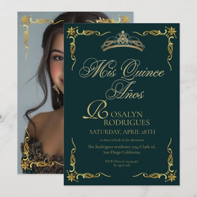 Convites Fotos da Princesa de Quinze Anos com Ouro Verde Es (Frente/Verso)