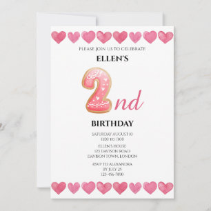 Convites Fotos de 2º Aniversário com Corações de Amor Rosa