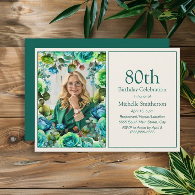 Convites Fotos de Aniversário de 80 anos com Flores Moderna (Blue and green watercolor floral photo birthday party invitation)