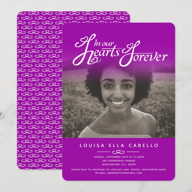 Convites Fotos de cardíacos, fotos de funeral roxo rosa (Frente/Verso)