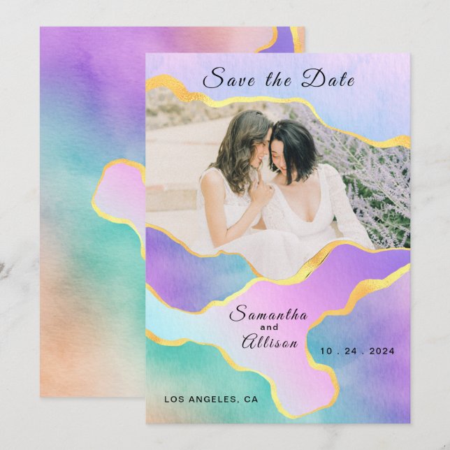 Convites Fotos de Casamento Arco-íris Dourado LGBT Save the (Frente/Verso)