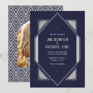 Convites Fotos de casamento azul tinta e prata art déco