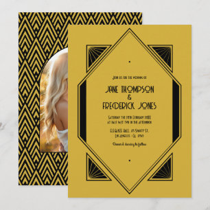 Convites Fotos de Casamento Champagne Gold & Noir Art Deco