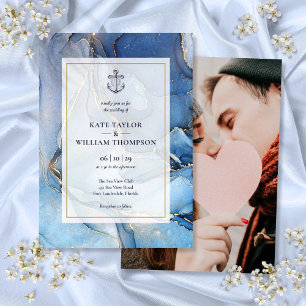 Convites Fotos de Casamento com Âncora Azul Náutico e Ágata