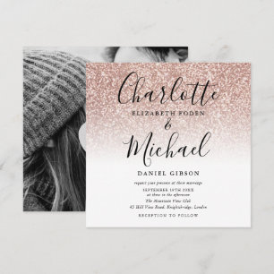 Convites Fotos de Casamento com Glitter Rosa Simples e Letr