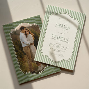 Convites Fotos de casamento com listras em verde-sage vinta