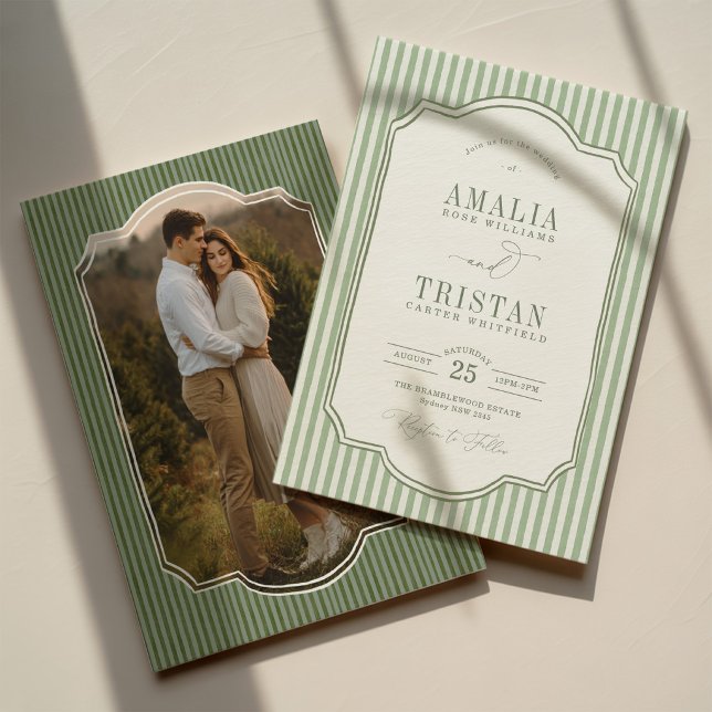 Convites Fotos de casamento com listras em verde-sage vinta (Criador carregado)