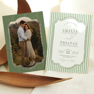 Convites Fotos de casamento com listras em verde-sage vinta