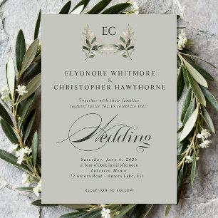 Convites Fotos de casamento com monograma de ramo de olivei
