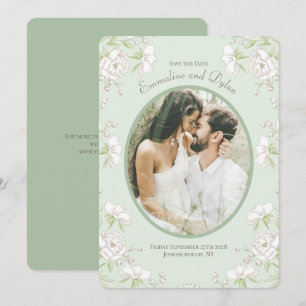 Convites Fotos de casamento com rosa branca em verde salvia