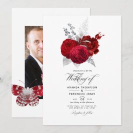 Convites Fotos de casamento da rosa vintage vermelha e prat