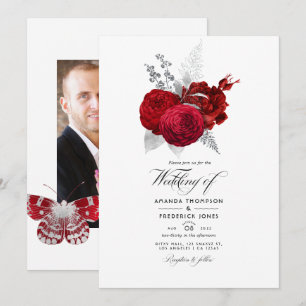 Convites Fotos de casamento da rosa vintage vermelha e prat