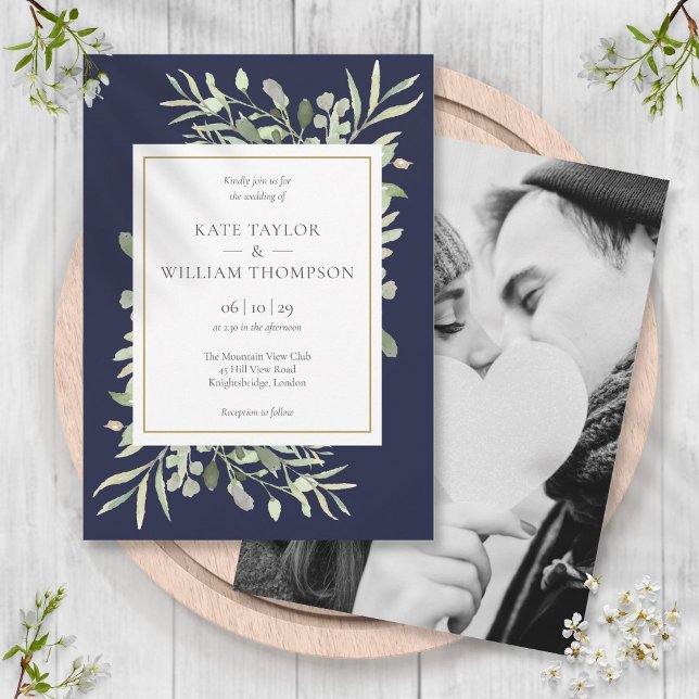 Convites Fotos de casamento de folhas verde azulada da Mari (Navy Blue Greenery Leaves Photo Wedding Invitation)