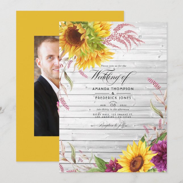 Convites Fotos de casamento de girassóis de celeiro rústico (Frente/Verso)