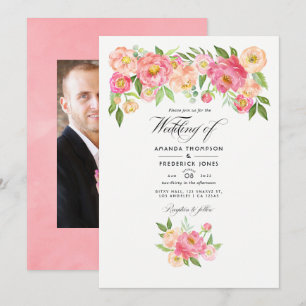 Convites Fotos de casamento de peônias em aquarela rosa pas
