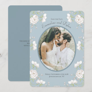 Convites Fotos de casamento de rosa branca azul empoeirada