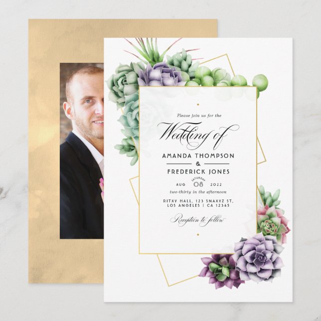 Convites Fotos de Casamento de Suculentas Geométricas (Frente/Verso)