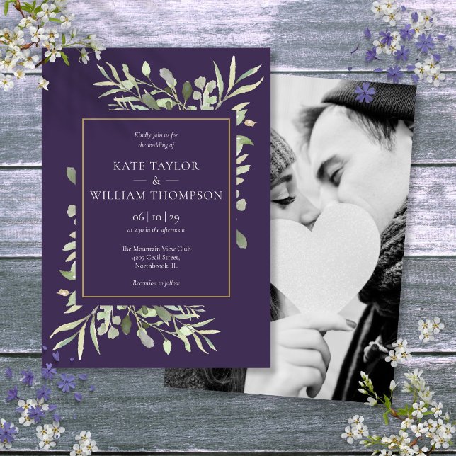 Convites Fotos de casamento douradas com lavanda roxa e fol (Purple Lavender Greenery Gold Photo Wedding Invitation)