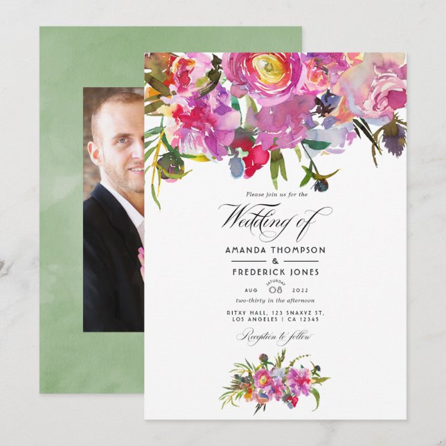Convites Fotos de casamento em aquarela com peônias rosa vi (Frente/Verso)