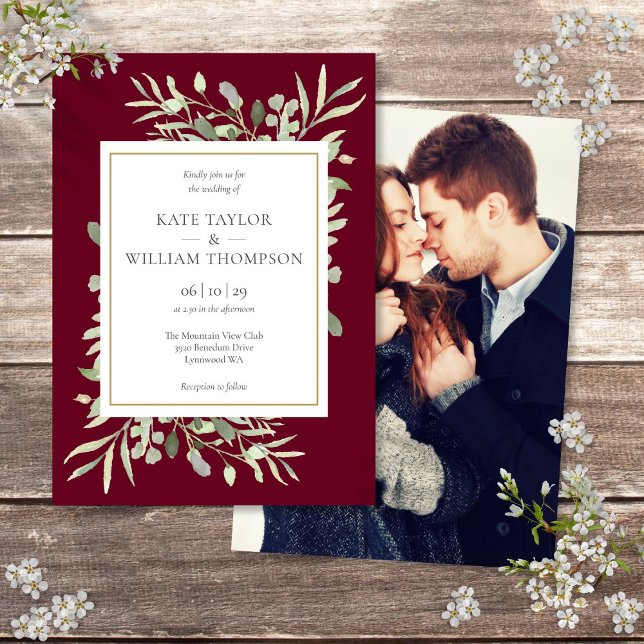 Convites Fotos de casamento em verde com aquarela em Borgon (Burgundy Watercolor Greenery Photo Wedding Invitation)