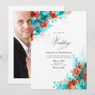Convites Fotos de Casamento Floral Clássico Turquesa e Cora