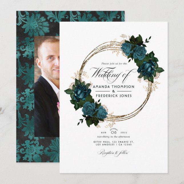 Convites Fotos de Casamento Floral em Turquesa e Dourado (Frente/Verso)