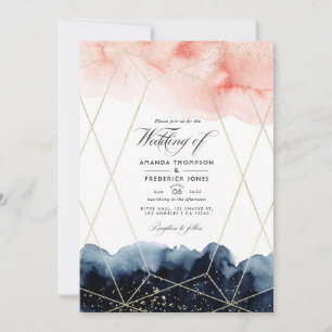 Convites Fotos de casamento geométricas em aquarela azul-ma