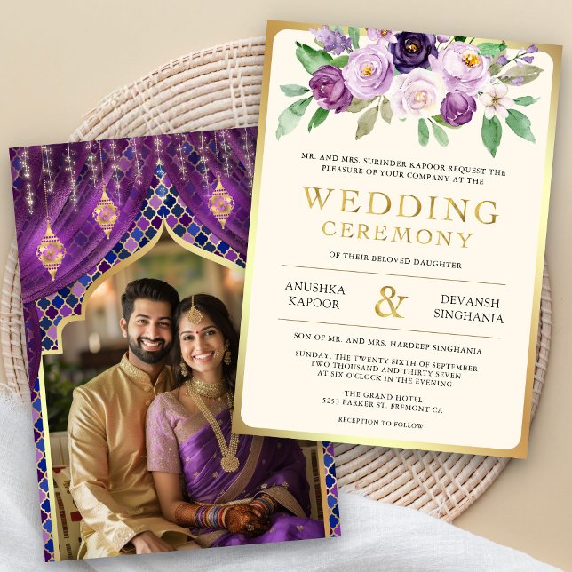 Convites Fotos de Casamento Hindu Indiano Floral Dourado Ro (Criador carregado)