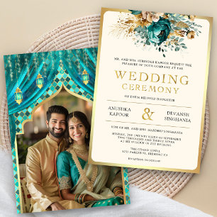 Convites Fotos de Casamento Hindu Indiano Floral Dourado Tu