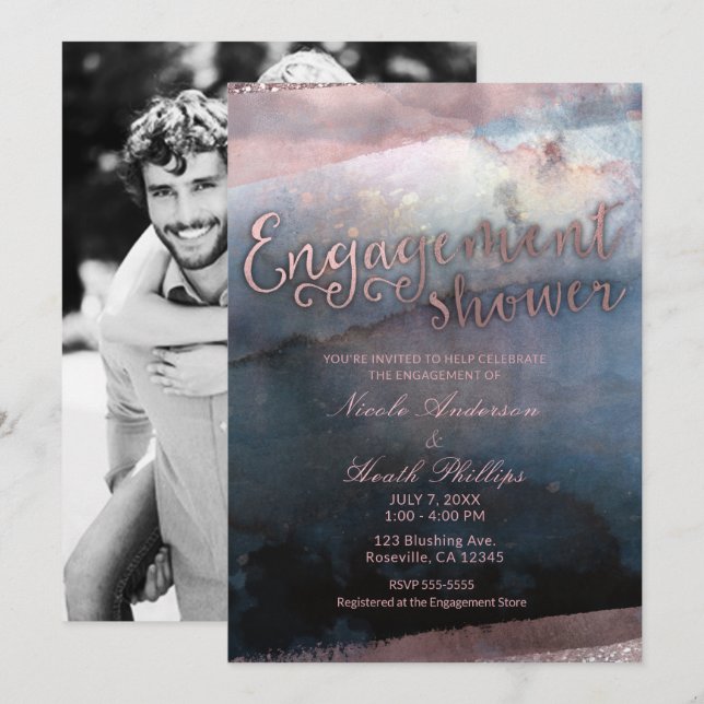 Convites Fotos de Engajamento com Rosa Azul em Aquarela Mod (Frente/Verso)