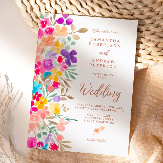 Convites Fotos de flores silvestres de jardim pintado rotei (Painted garden wildflowers photo script wedding invitation)