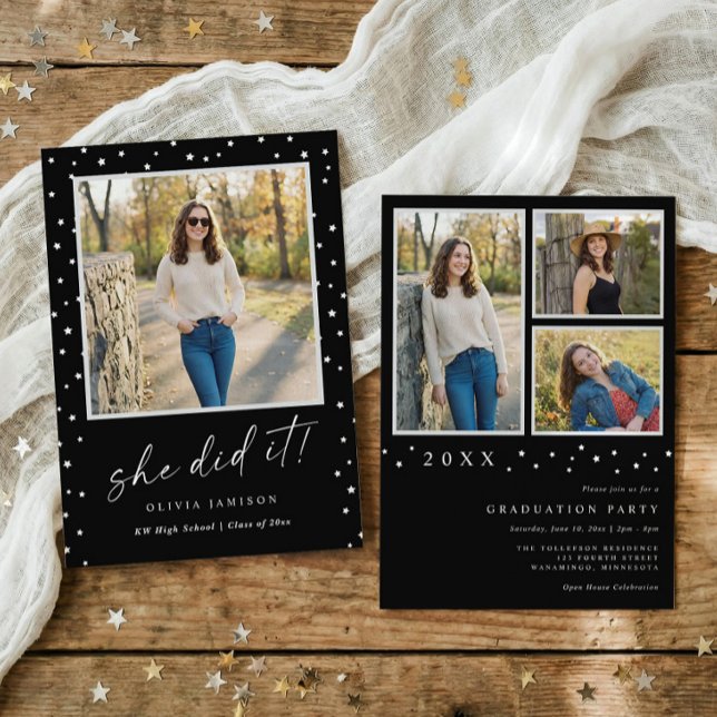 Convites Fotos de Formatura em Preto e Branco Modernas (Modern graduation invitation with photos, handwriting script and minimalist stars)