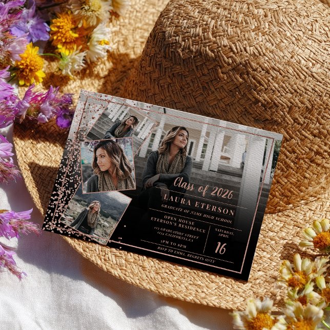 Convites Fotos de formatura modernas em rosa dourado chic m (Modern rose gold chic minimalist photo graduation invitation)